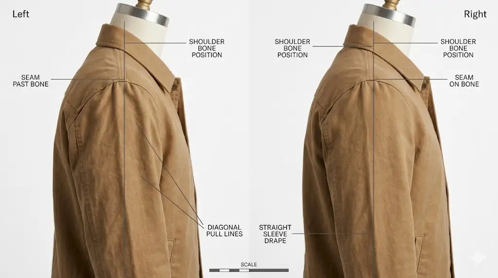 Jacket shoulder seam correct placement vs too wide on shoulder bone