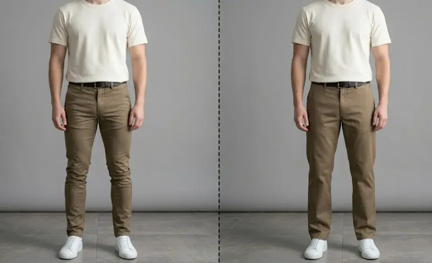 Slim fit vs straight fit pants on man with athletic thighs