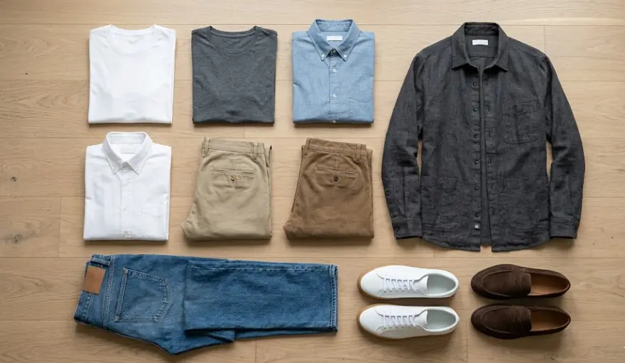 Ten piece affordable men's capsule wardrobe laid flat neutral colors