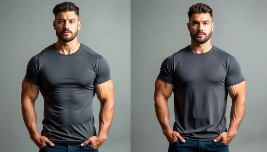 Muscular man comparing tight tee and boxy tee fit front view