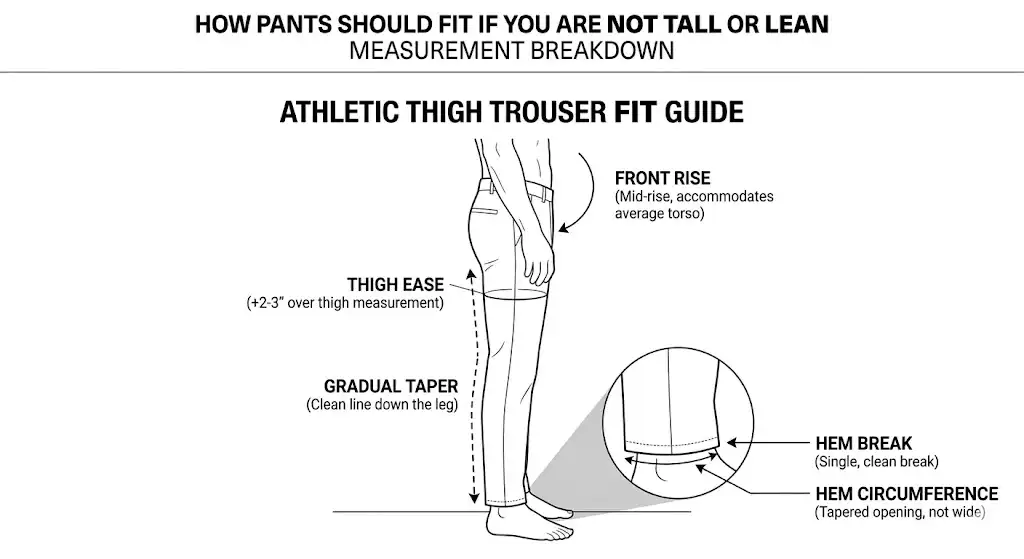 Pants fit guide showing rise thigh taper and break for average build