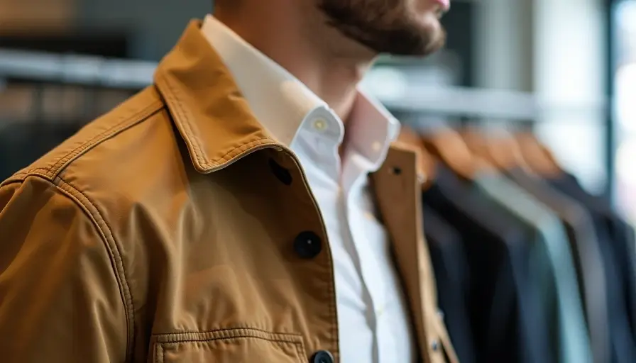 Man checking jacket shoulder seam placement on shoulder bone in store