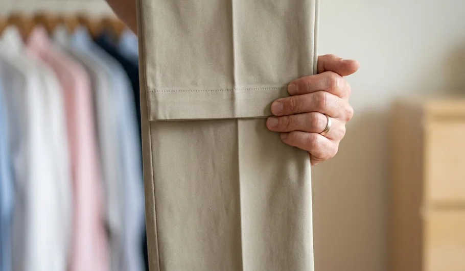 Hand checking clean drape on a pair of budget chino trousers