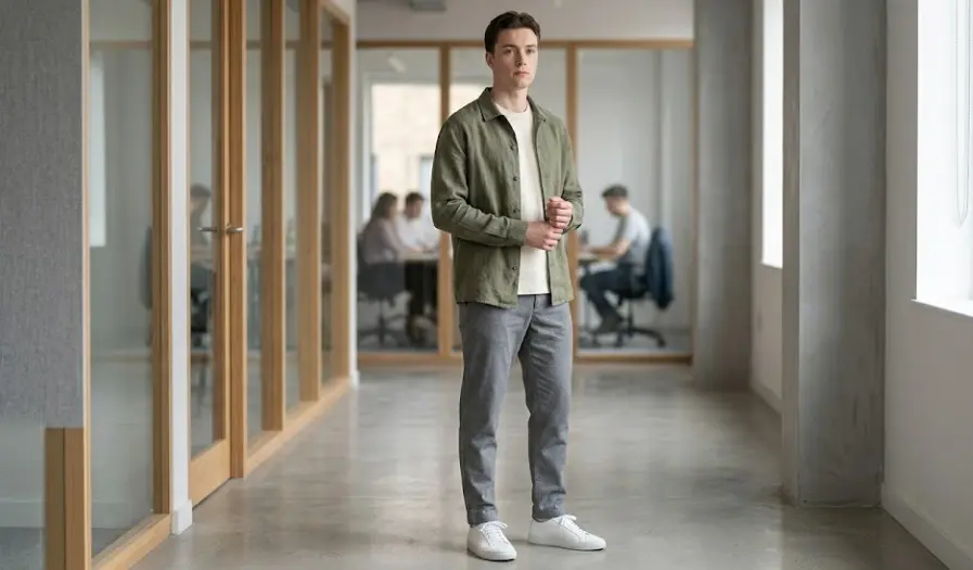 Man wearing relaxed layer casual office outfit formula with overshirt and chinos