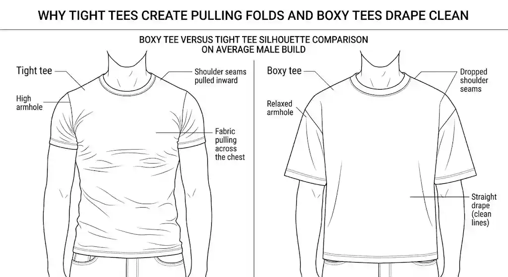Boxy tee versus tight tee silhouette comparison on average male build
