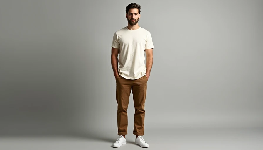 Man wearing everyday uniform heavyweight tee straight chinos and clean sneakers