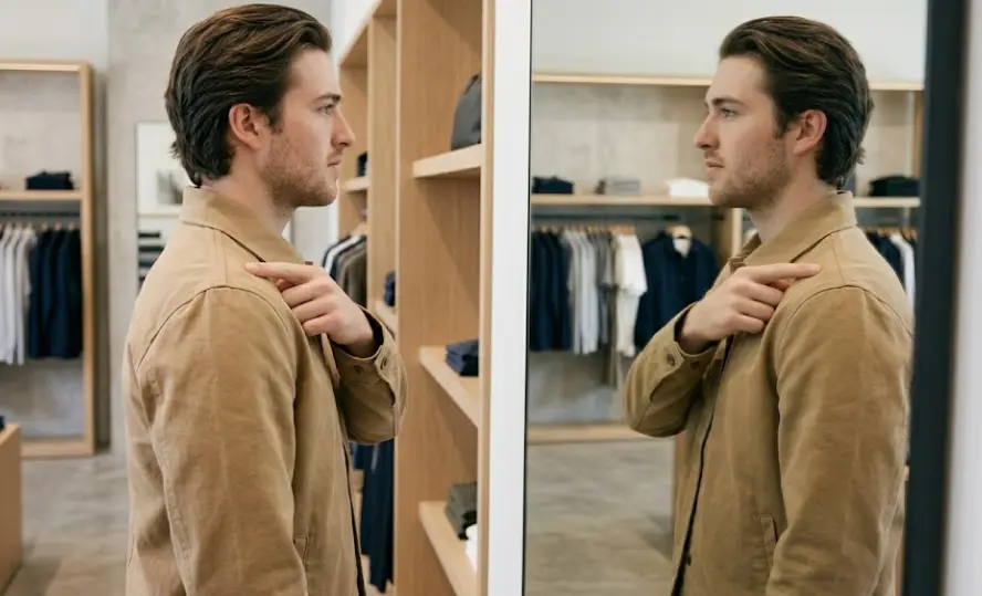 Man checking shoulder seam placement using shoulder bone as guide