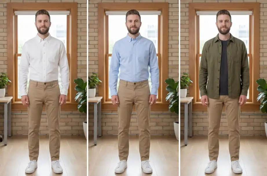 Three casual office outfits from the same seven piece wardrobe men