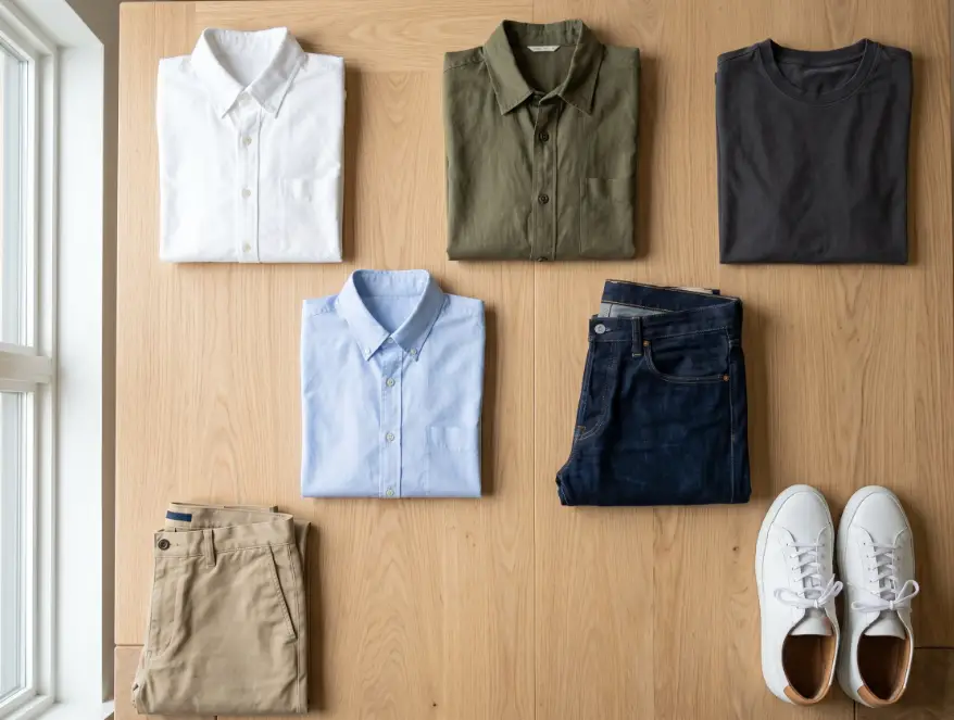 Seven piece casual office wardrobe foundation oxford chinos overshirt