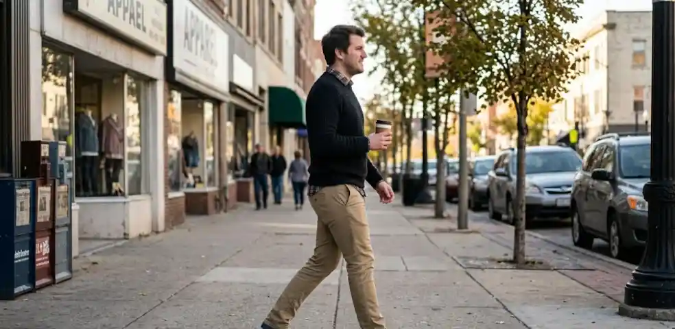 Man wearing well-fitting straight chinos walking down sidewalk clean drape