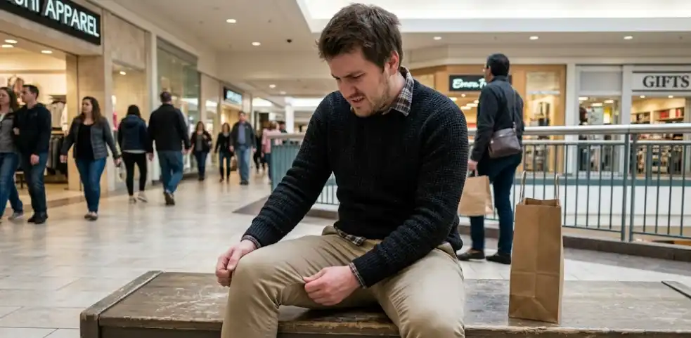 Man uncomfortable in too-tight slim fit chinos pulling at knees on mall bench