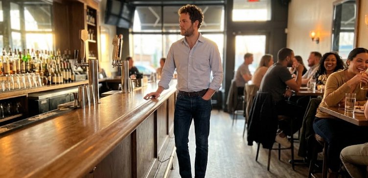 Man in clean evening outfit pale blue shirt dark jeans loafers at bar