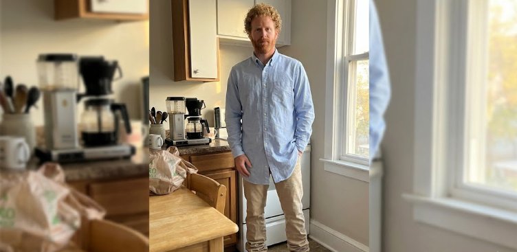 Man with poor outfit proportions shirt too long pants pooling at ankles