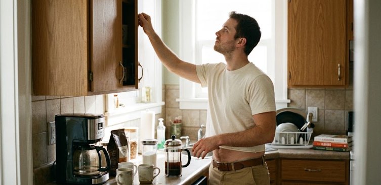 T-shirt length too short what happens when hem rides up Man with too-short t-shirt riding up while reaching kitchen cabinet